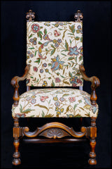Carved Wooden Arm Chair w/ Crewel Fabric - early 20th century